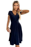 381-4 LINDA - szyfonowa sukienka z koronkowym dekoltem - GRANATOWA - L