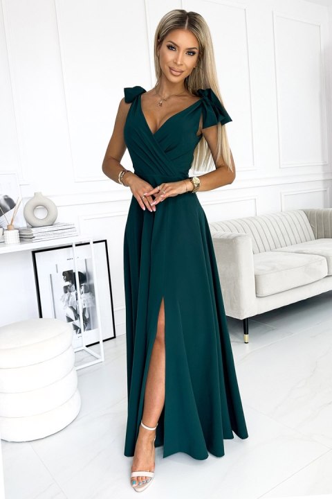 405-4 ELENA Długa suknia z dekoltem i wiązaniami na ramionach - BUTELKOWA ZIELEŃ - XL