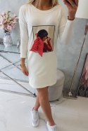 Sukienka z grafiką i kokardą w grochy 3D ecru