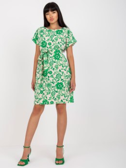 Sukienka lniana beżowo-zielona z wiązaniem