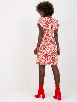 Sukienka lniana beżowo-czerwona z wiązaniem