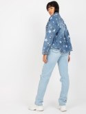 Niebieska damska kurtka jeansowa z printem i dziurami