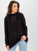 Sweter luźny, ażurowy czarny z wełną one size