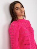 Sweter luźny, ażurowy fluo różowy z wełną one size