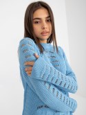 Sweter luźny, ażurowy jasnoniebieski z wełną one size