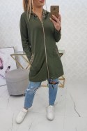 Bluza z ozdobną taśmą khaki zasuwana z kapturem