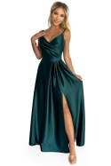 299-9 CHIARA elegancka maxi satynowa suknia na ramiączkach - ZIELEŃ BUTELKOWA - L