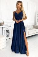 299-10 CHIARA elegancka maxi suknia na ramiączkach - GRANATOWA Z BROKATEM - L