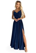 299-10 CHIARA elegancka maxi suknia na ramiączkach - GRANATOWA Z BROKATEM - L