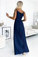 299-10 CHIARA elegancka maxi suknia na ramiączkach - GRANATOWA Z BROKATEM - XL