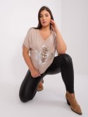 Bluzka t-shirt beżowy z nadrukiem pióro plus size