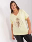 Bluzka t-shirt jasny żółty z nadrukiem pióro plus size