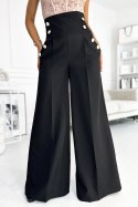 496-1 Eleganckie szerokie spodnie z wysokim stanem i złotymi guzikami - CZARNE - XL