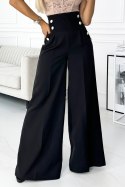 496-1 Eleganckie szerokie spodnie z wysokim stanem i złotymi guzikami - CZARNE - XL