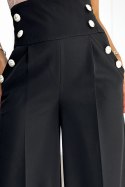 496-1 Eleganckie szerokie spodnie z wysokim stanem i złotymi guzikami - CZARNE - S
