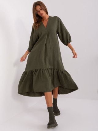 Sukienka letnia lniana khaki oversize z falbaną L/XL