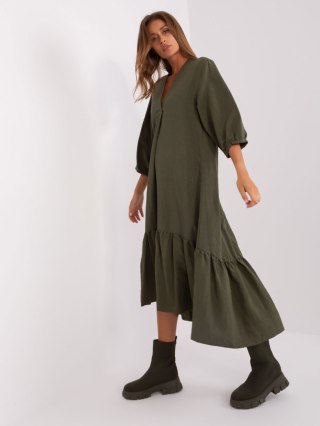 Sukienka letnia lniana khaki oversize z falbaną L/XL