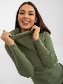 Sweter dopasowany w prążek z golfem khaki akrylowy