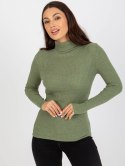 Sweter dopasowany w prążek z golfem khaki akrylowy