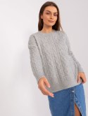 Sweter damski szary z warkoczami i ściągaczami oversize