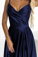 299-12 CHIARA elegancka maxi długa satynowa suknia na ramiączkach - GRANATOWA - M