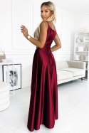 299-13 CHIARA elegancka maxi długa satynowa suknia na ramiączkach - BORDOWA - L