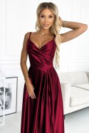 299-13 CHIARA elegancka maxi długa satynowa suknia na ramiączkach - BORDOWA - M