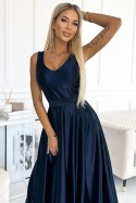 508-1 CINDY długa satynowa suknia z dekoltem i kokardą - GRANATOWA - L