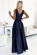508-1 CINDY długa satynowa suknia z dekoltem i kokardą - GRANATOWA - XL