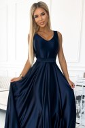508-1 CINDY długa satynowa suknia z dekoltem i kokardą - GRANATOWA - XL