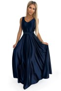 508-1 CINDY długa satynowa suknia z dekoltem i kokardą - GRANATOWA - M
