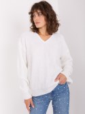 Sweter damski oversize z dekoltem V ecru akrylowy