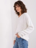 Sweter damski oversize z dekoltem V ecru akrylowy