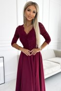 309-9 AMBER elegancka długa suknia maxi z koronkowym dekoltem - BORDOWA - XL