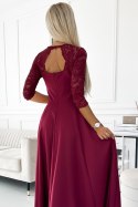 309-9 AMBER elegancka długa suknia maxi z koronkowym dekoltem - BORDOWA - XL