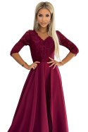 309-9 AMBER elegancka długa suknia maxi z koronkowym dekoltem - BORDOWA - XL