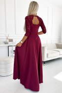 309-9 AMBER elegancka długa suknia maxi z koronkowym dekoltem - BORDOWA - XXL