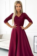 309-9 AMBER elegancka długa suknia maxi z koronkowym dekoltem - BORDOWA - XXL