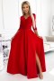 309-8 AMBER koronkowa elegancka długa suknia z dekoltem i rozcięciem na nogę - CZERWONA - L