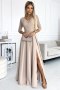 309-10 AMBER koronkowa elegancka długa suknia z dekoltem i rozcięciem na nogę - BEŻOWA - L