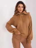 Damski sweter camelowy oversize z golfem, akrylowy