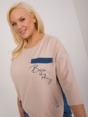 Beżowa casualowa bluzka plus size z napisem i wstawkami