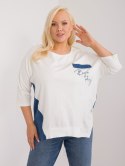 Ecru casualowa bluzka plus size z napisem i wstawkami