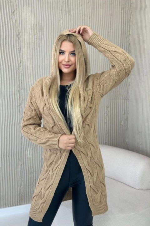 Sweter Kardigan z kapturem camelowy niezapinany