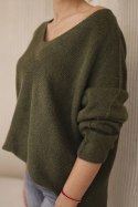 Sweter z dekoltem V khaki oversize, długi rękaw