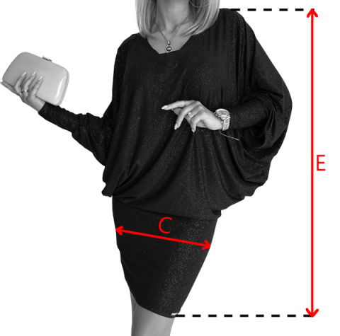 402-5 Sukienka nietoperz z dekoltem - czarna z brokatem - L/XL