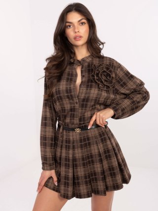 Brązowa mini spódnica w kratę z paskiem S/M ITALY MODA