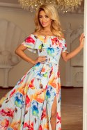 194-1 Długa suknia z hiszpańskim dekoltem - kolorowe malowane kwiaty - XXL