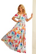 194-1 Długa suknia z hiszpańskim dekoltem - kolorowe malowane kwiaty - XXL