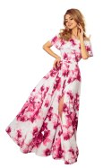 194-2 Długa suknia z hiszpańskim dekoltem - duże różowe kwiaty - XXL